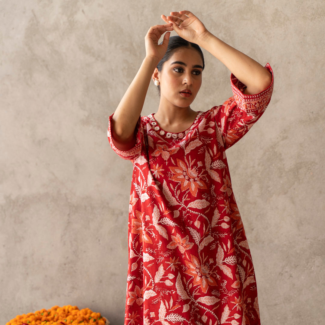 Red A-line dress with embroidery detail
