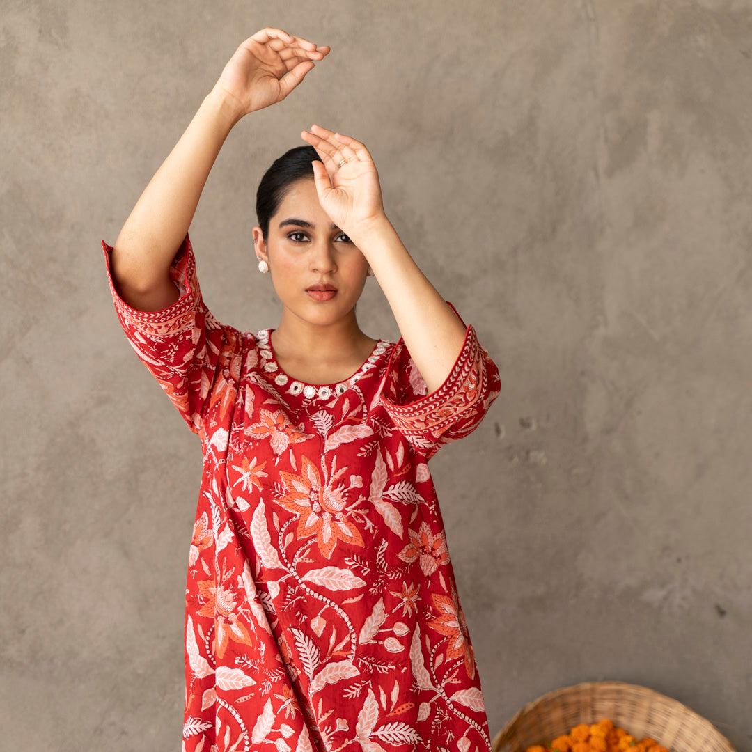 Red A-line dress with embroidery detail