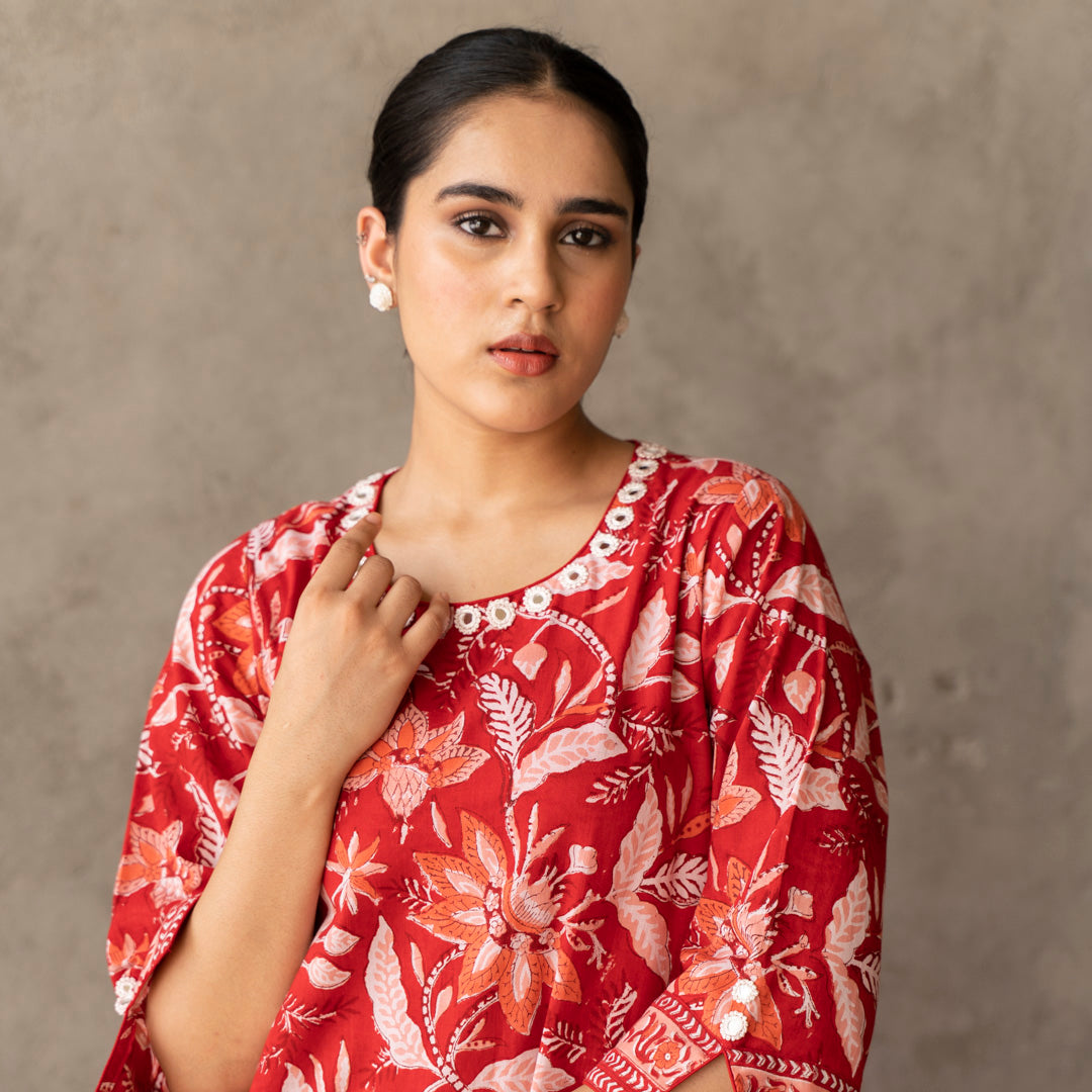 Red A-line dress with embroidery detail