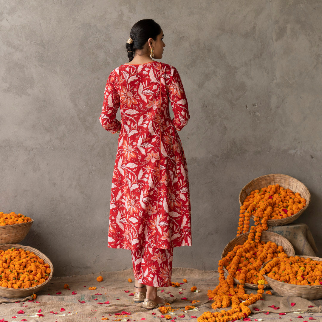 Red block printed panelled with contrast piping detail anarkali suit set with dupatta
