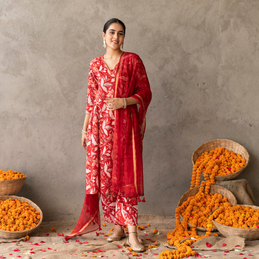 Red block printed panelled with contrast piping detail anarkali suit set with dupatta