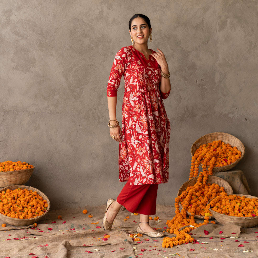 Red block printed gathered detail V Neck suit set with dupatta