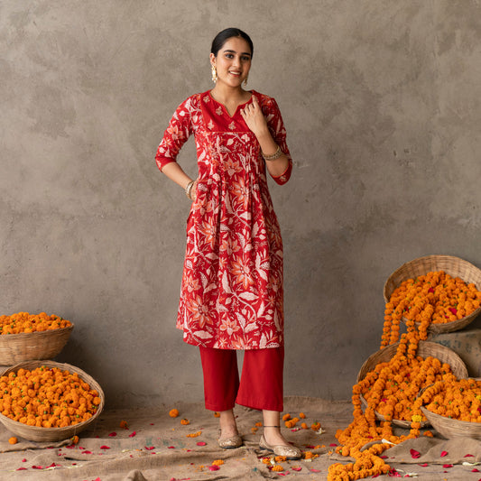 Red block printed gathered detail kurta with V Neck