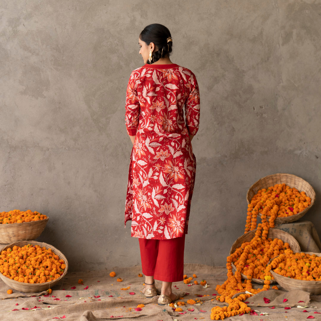 Red block printed gathered detail V Neck suit set with dupatta