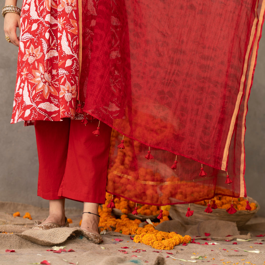 Red cotton chanderi  shibori dupatta