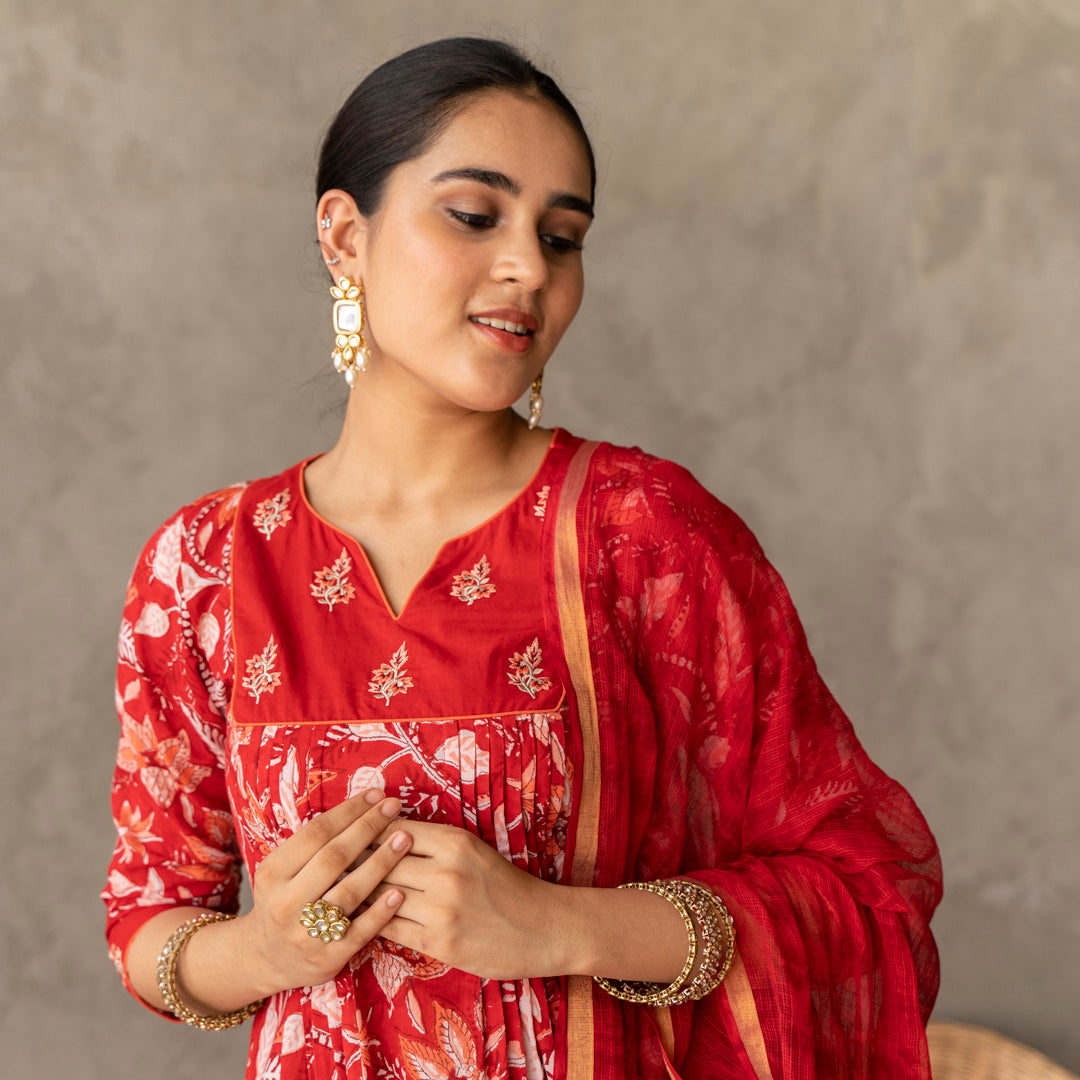 Red block printed gathered detail V Neck suit set with dupatta