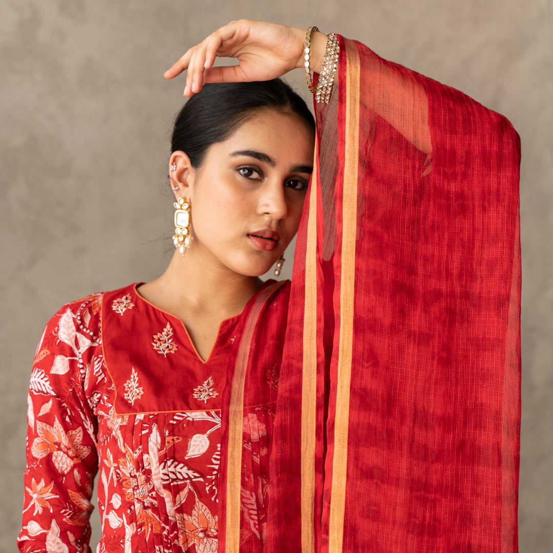 Red block printed gathered detail V Neck suit set with dupatta