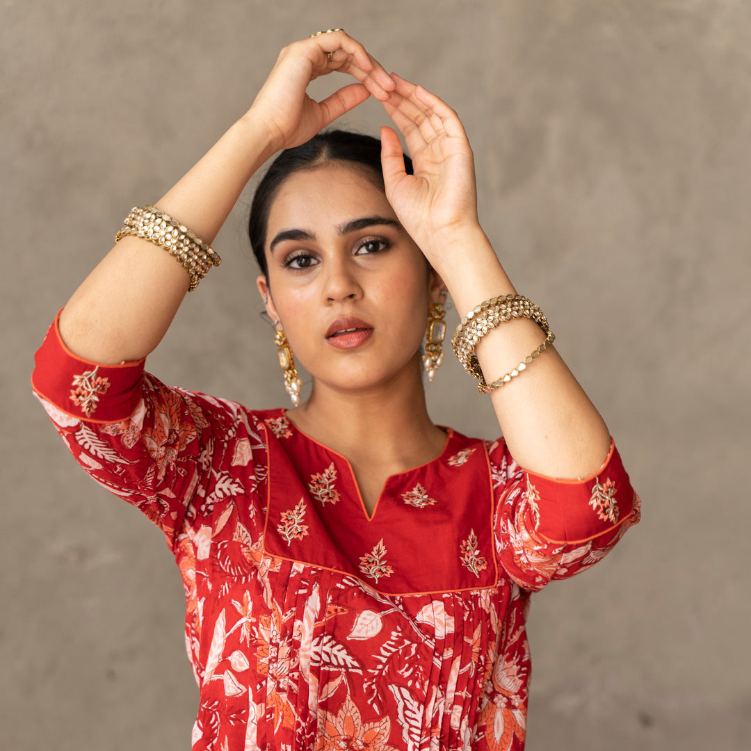 Red block printed gathered detail V Neck suit set with dupatta