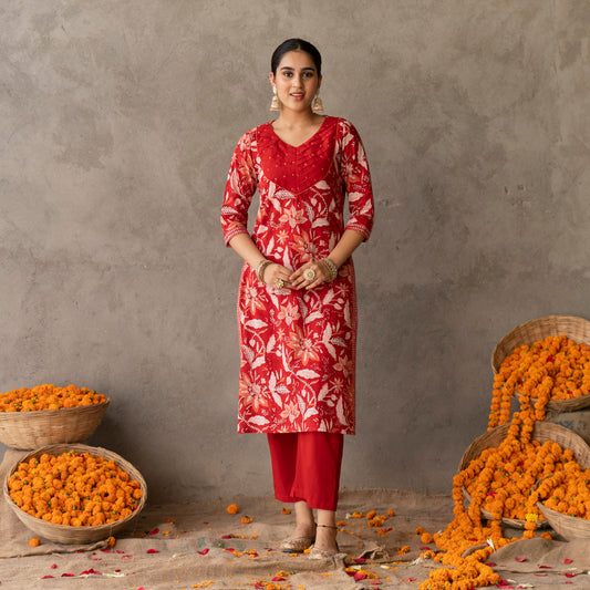 Red block printed pin tuck detail straight fit kurta with solid red straight pants set
