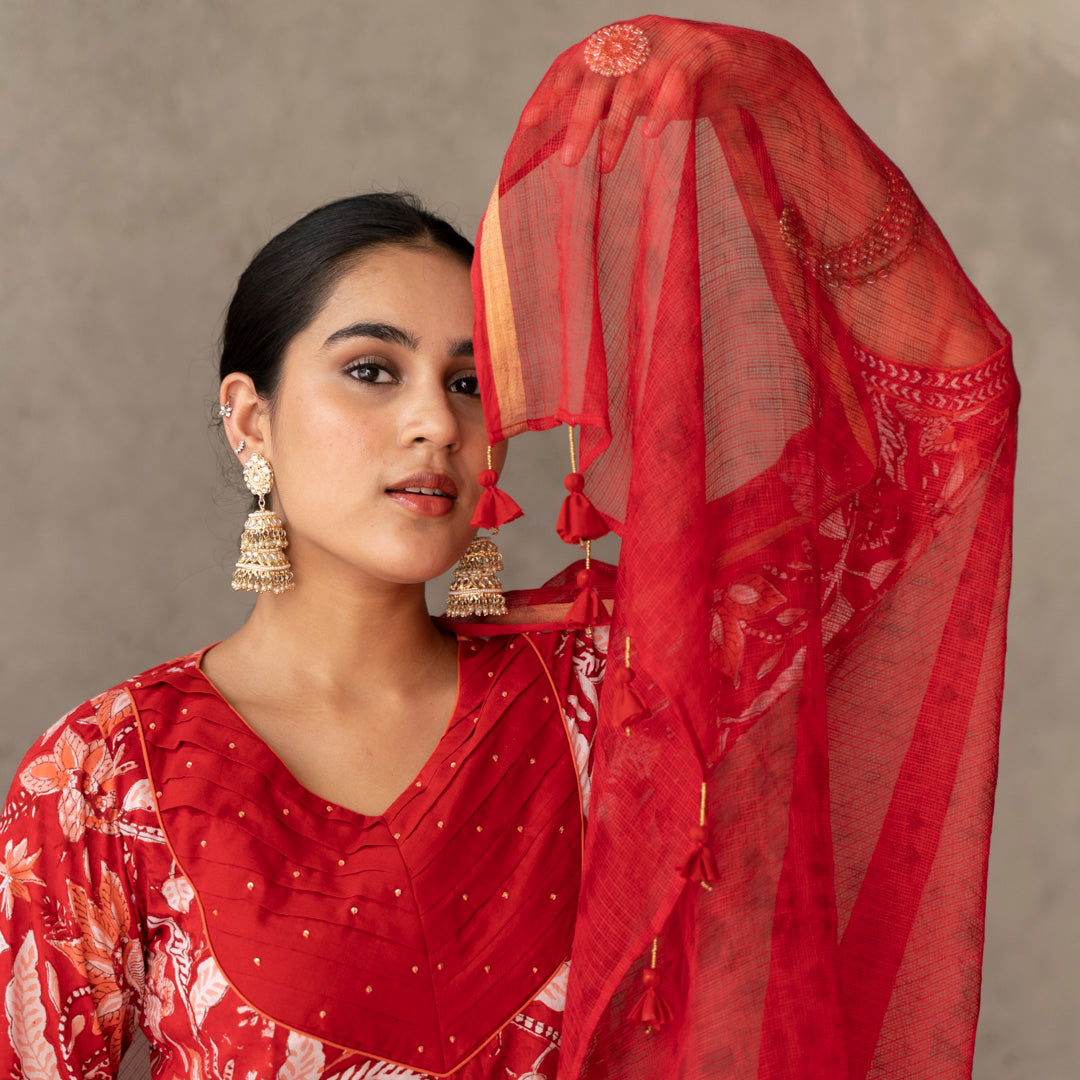 Red cotton chanderi  shibori dupatta