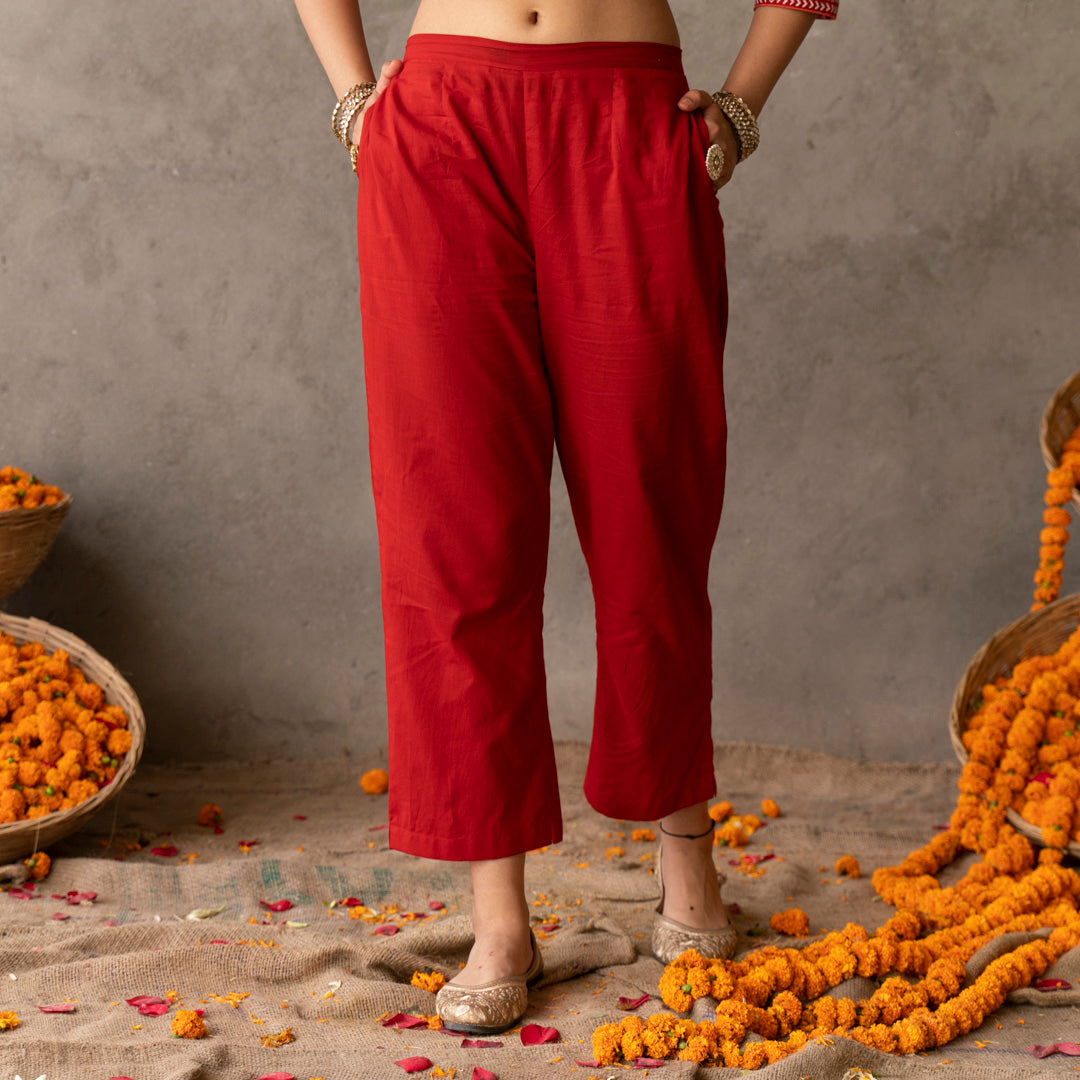 Solid red cotton straight pants