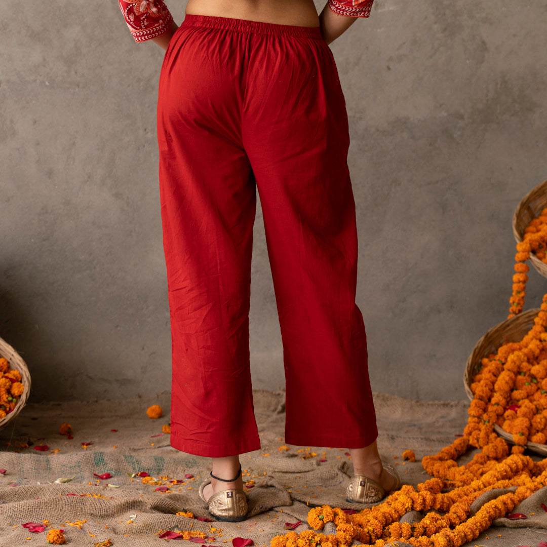 Solid red cotton straight pants