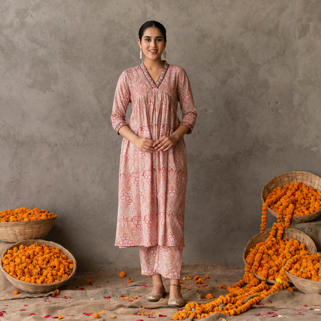Peach block printed embroidered detail A line suit set with dupatta