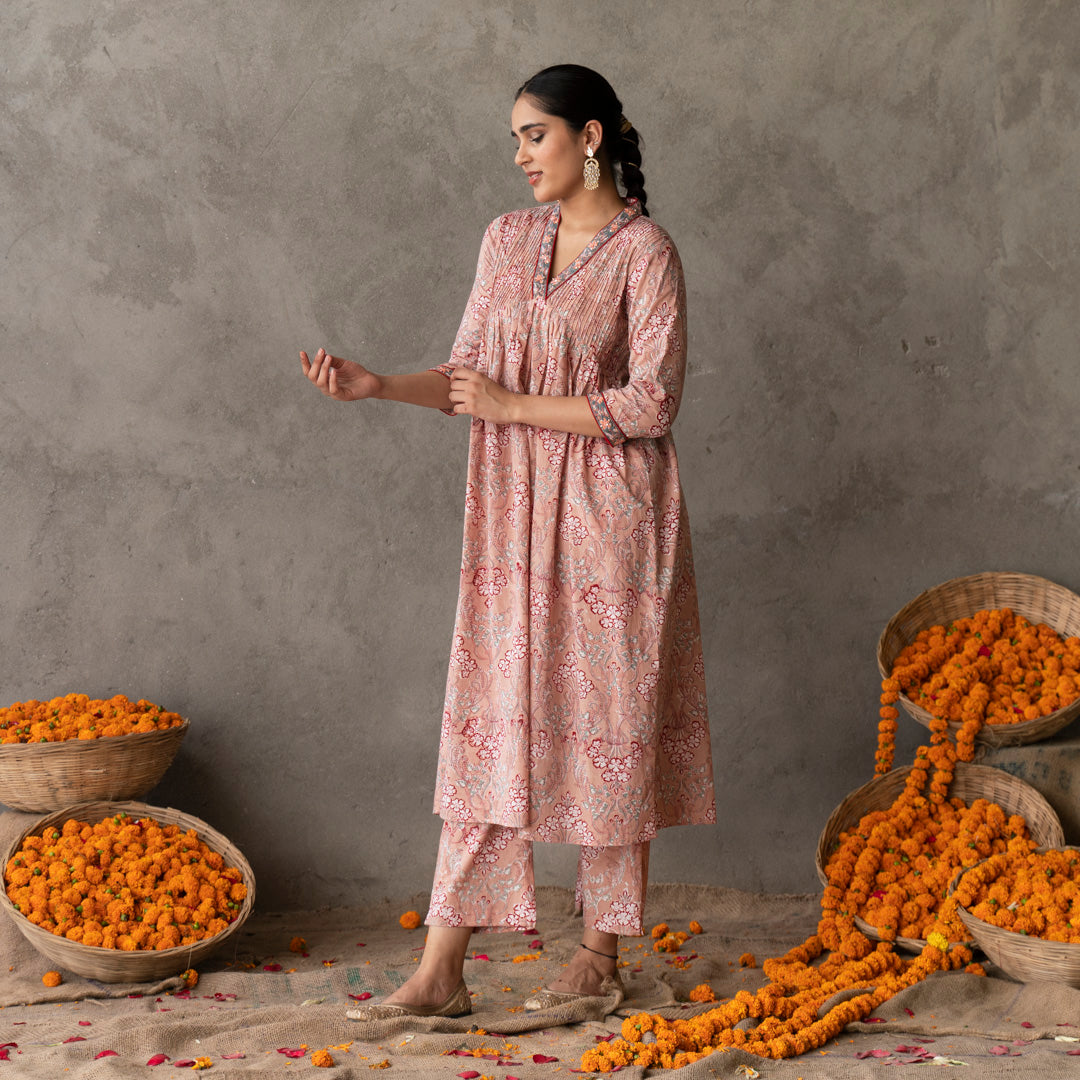 Peach block printed embroidered detail A line kurta