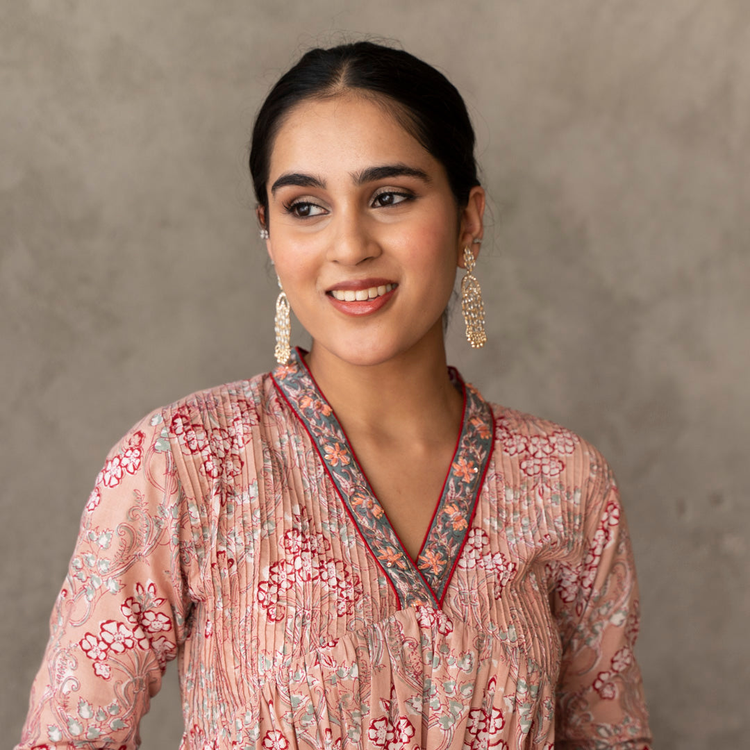 Peach block printed embroidered detail A line suit set with dupatta