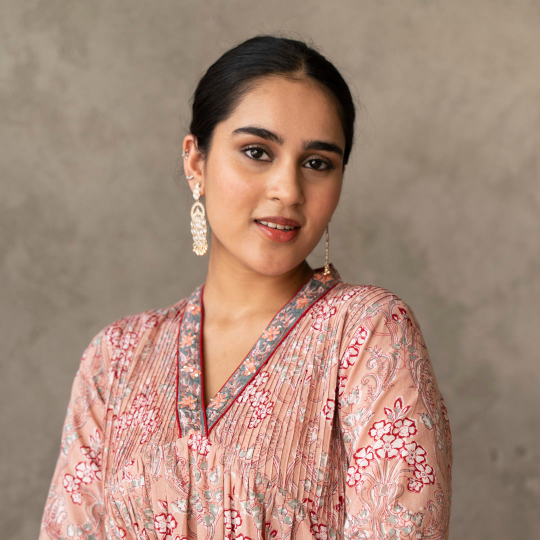 Peach block printed embroidered detail A line suit set with dupatta