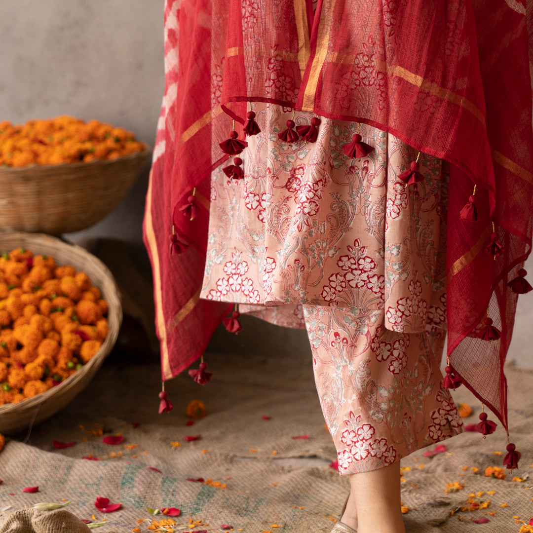 Peach block printed embroidered detail A line suit set with dupatta