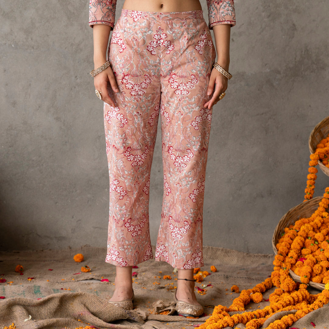 Peach block printed cotton straight pants