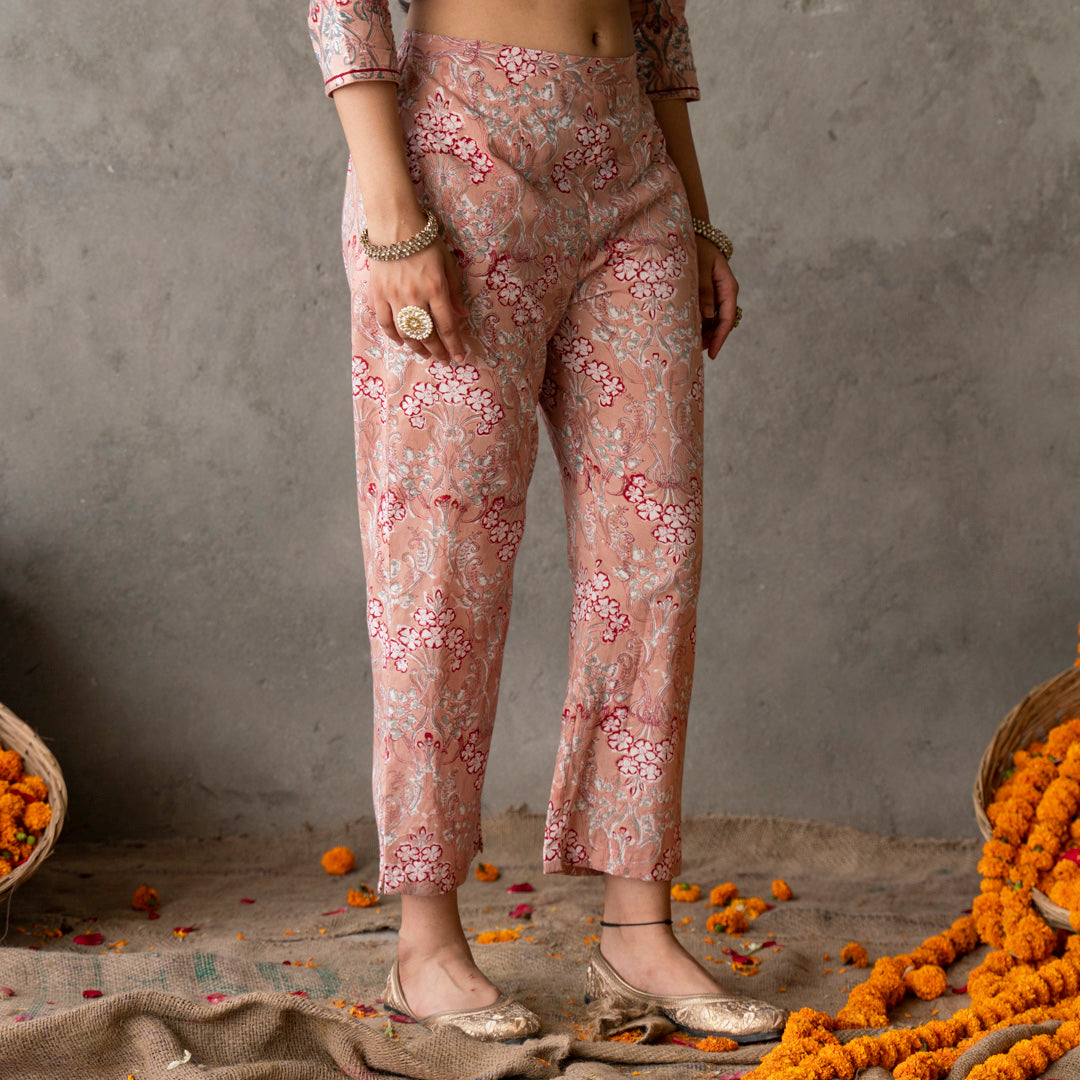 Peach block printed cotton straight pants