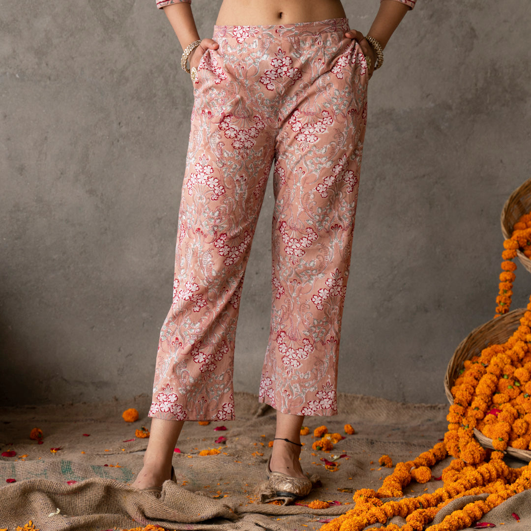 Peach block printed cotton straight pants