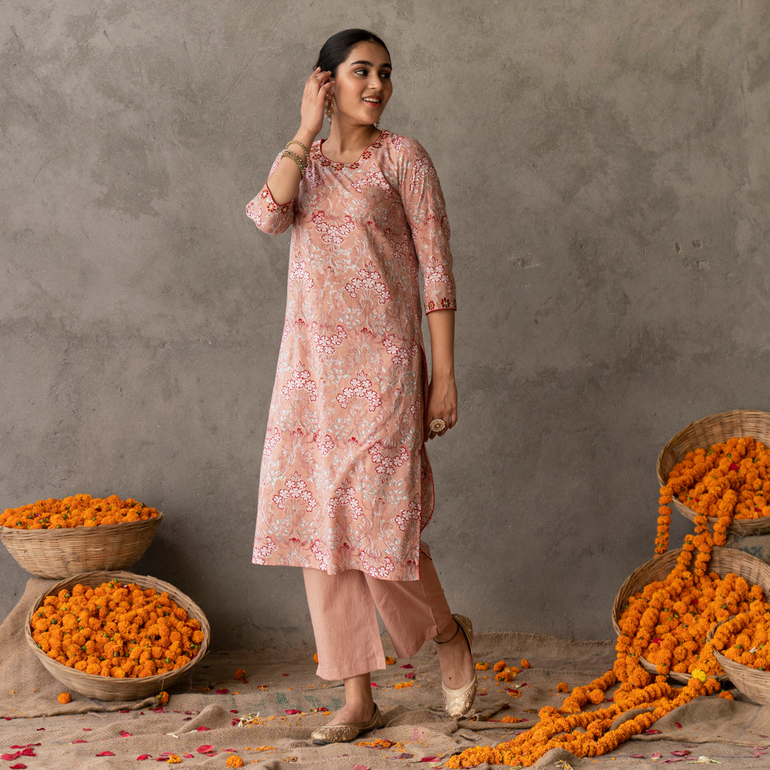 Peach block printed round neck embroidery detailed suit set with dupatta