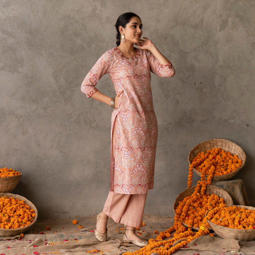 Peach block printed round neck embroidery detailed straight fit kurta