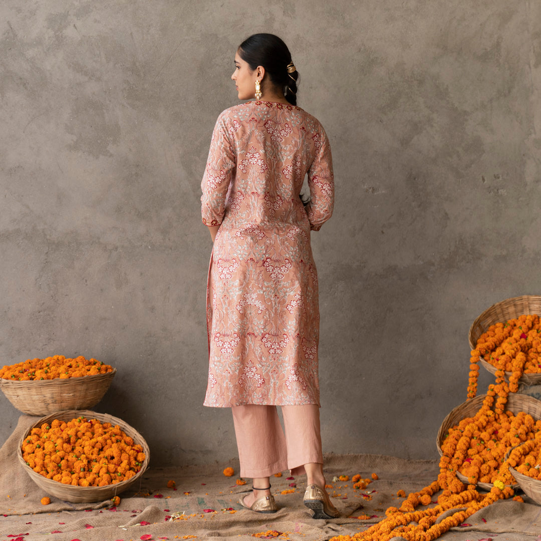 Peach block printed round neck embroidery detailed suit set with dupatta