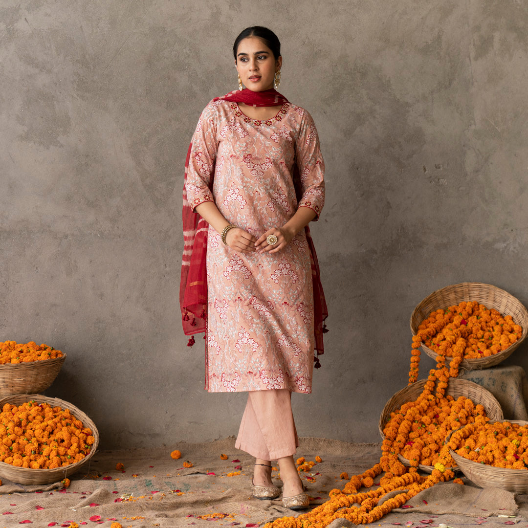 Peach block printed round neck embroidery detailed suit set with dupatta