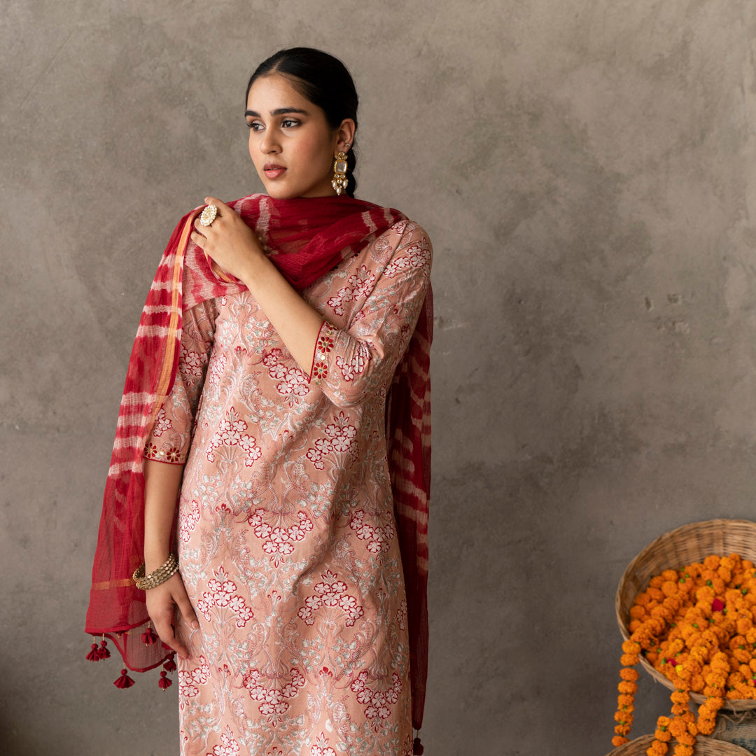 Peach block printed round neck embroidery detailed suit set with dupatta