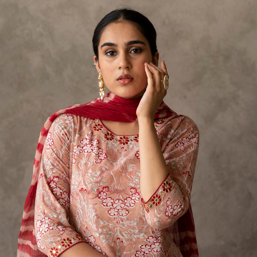 Peach block printed round neck embroidery detailed suit set with dupatta