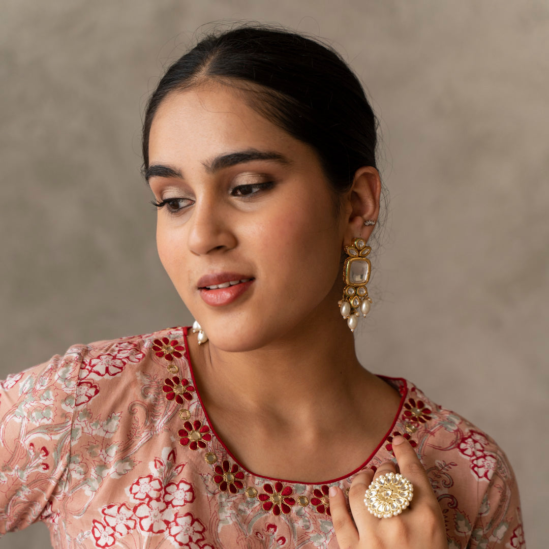 Peach block printed round neck embroidery detailed straight fit kurta