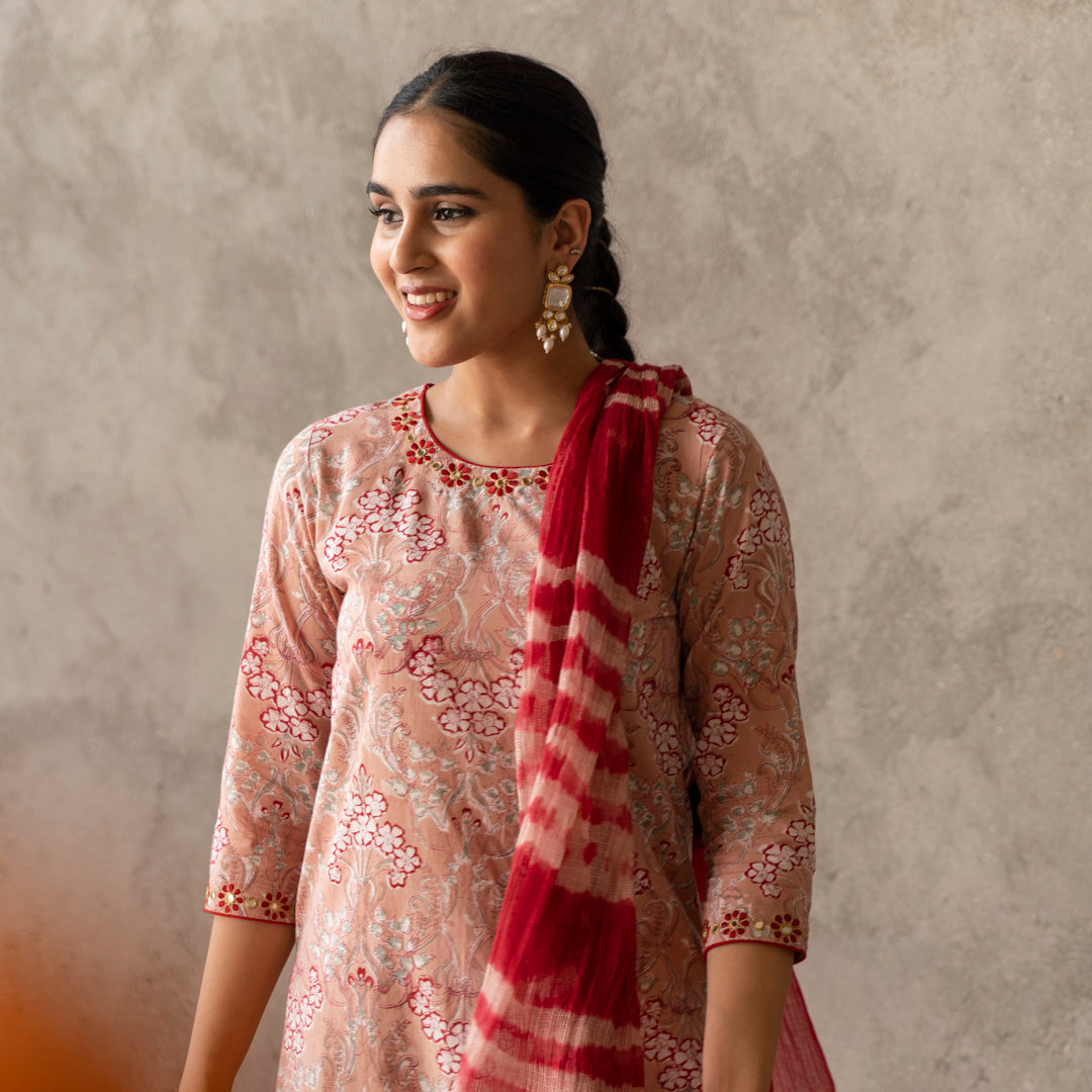Peach block printed round neck embroidery detailed suit set with dupatta