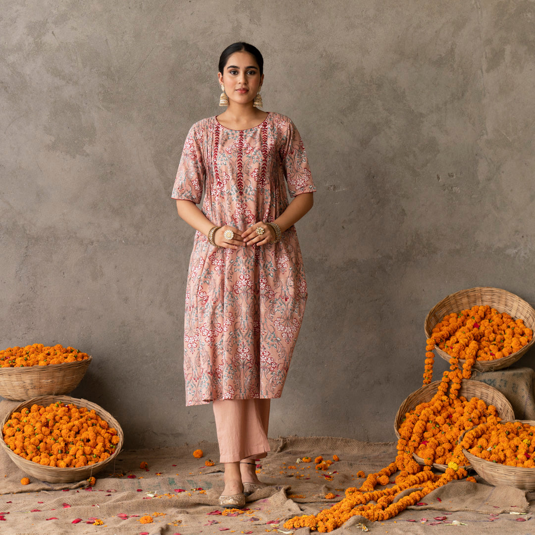 Peach block printed embroidery detailed kurta with straight pants set
