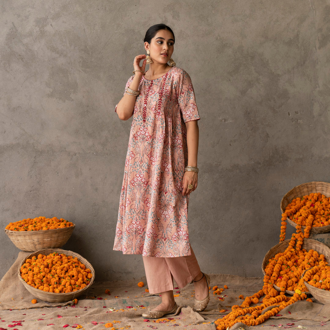 Peach block printed embroidery detailed kurta with straight pants set