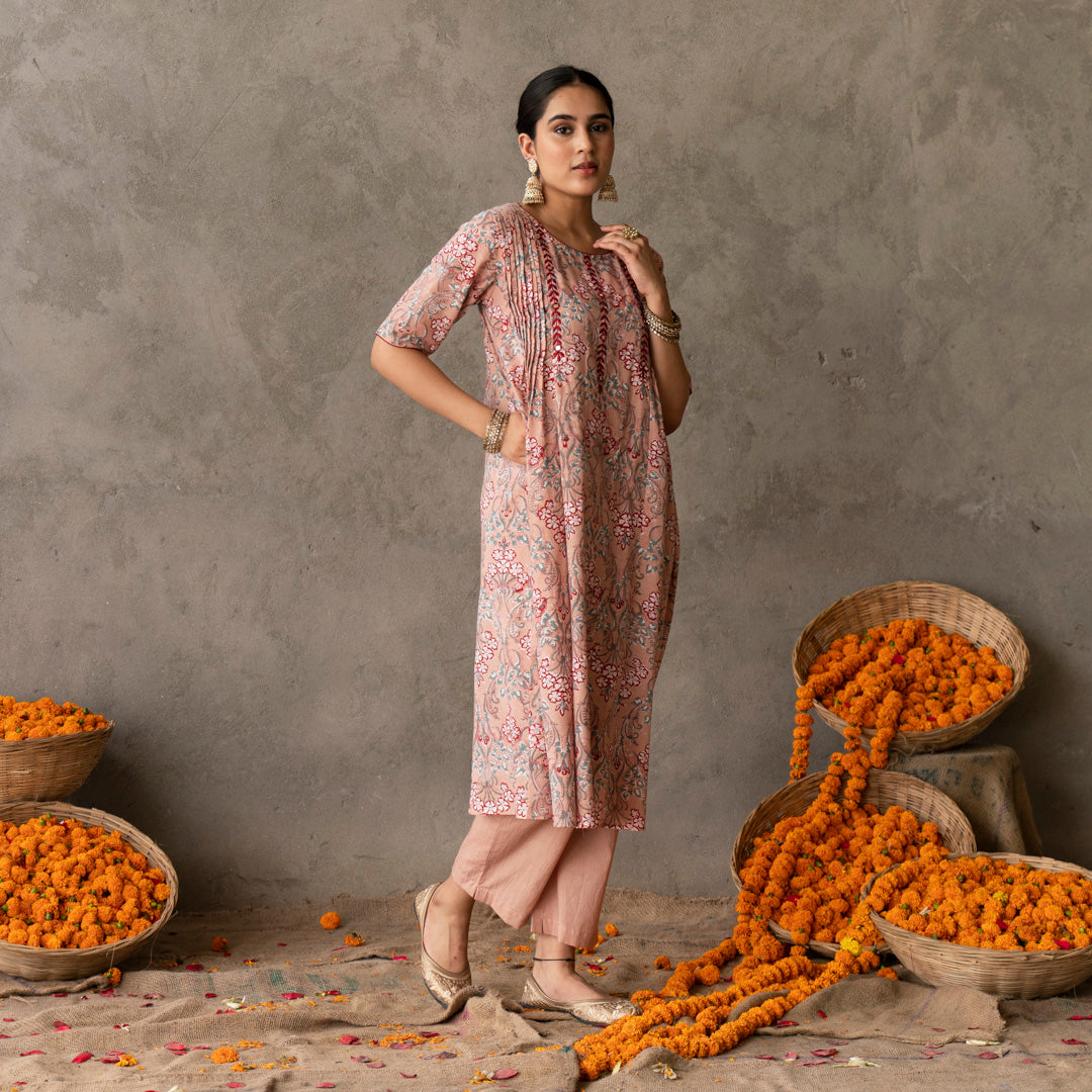 Peach block printed embroidery detailed suit set with dupatta