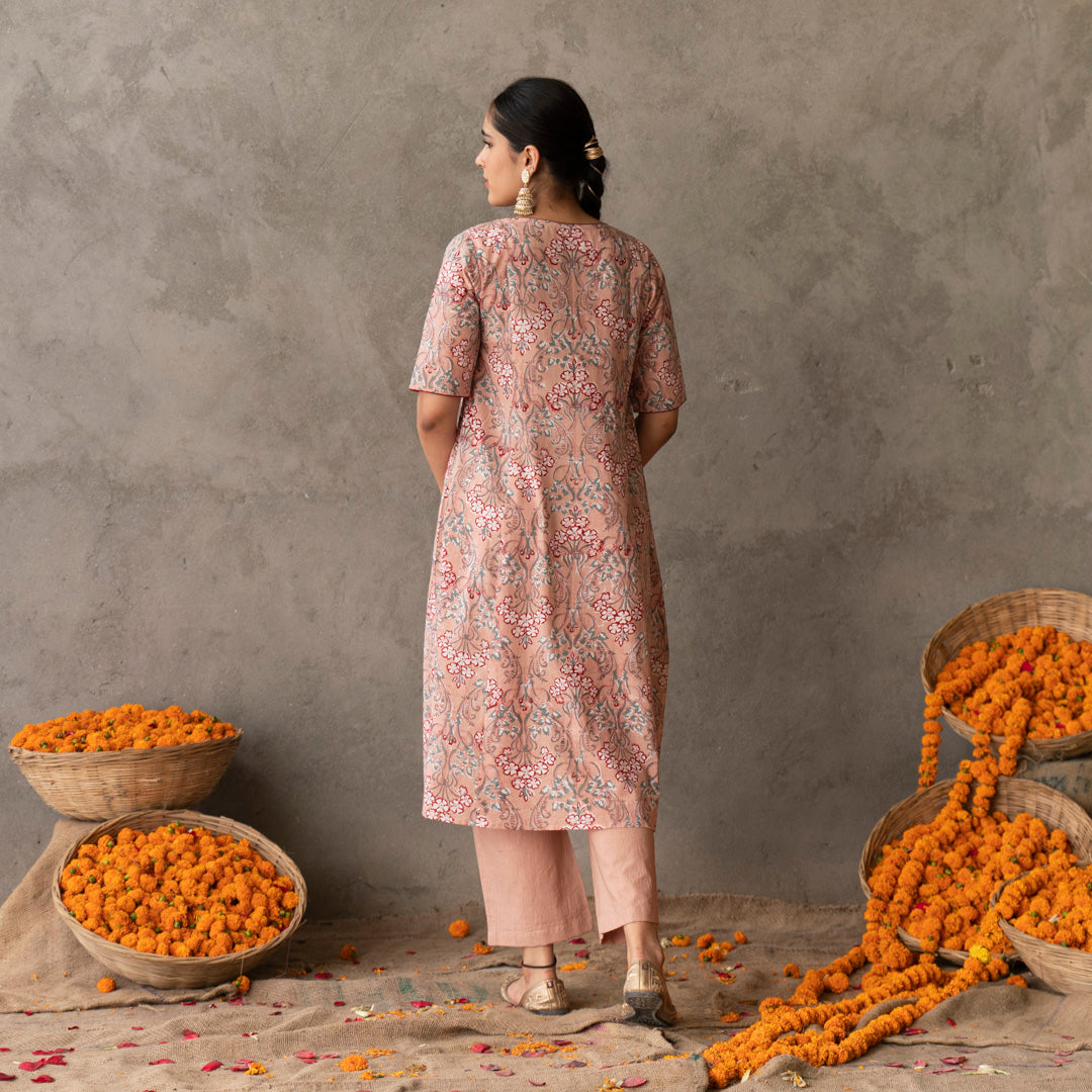 Peach block printed embroidery detailed kurta with straight pants set