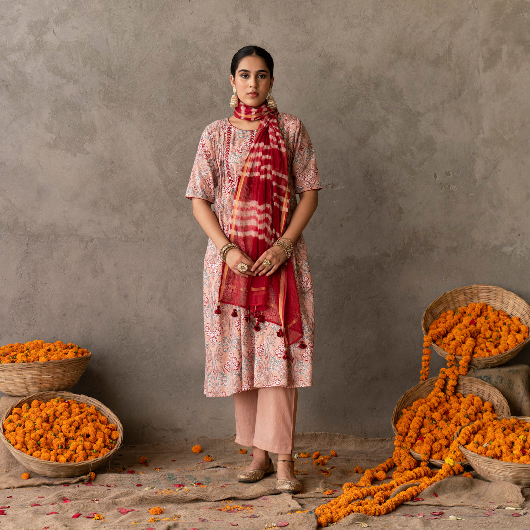 Peach block printed embroidery detailed suit set with dupatta