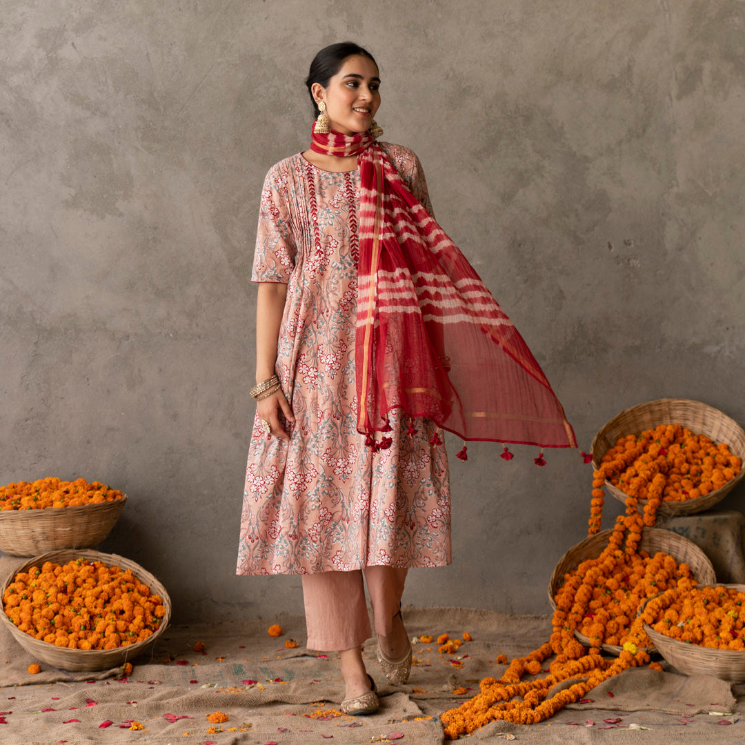 Peach block printed embroidery detailed suit set with dupatta