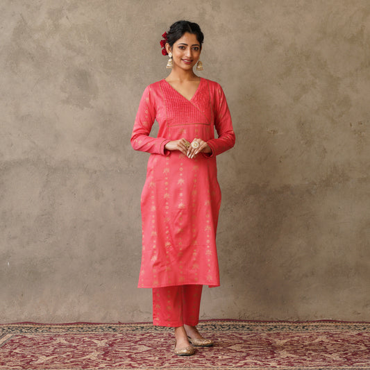 Gold Block Printed Coral Pintuck Details Straight Fit Kurta