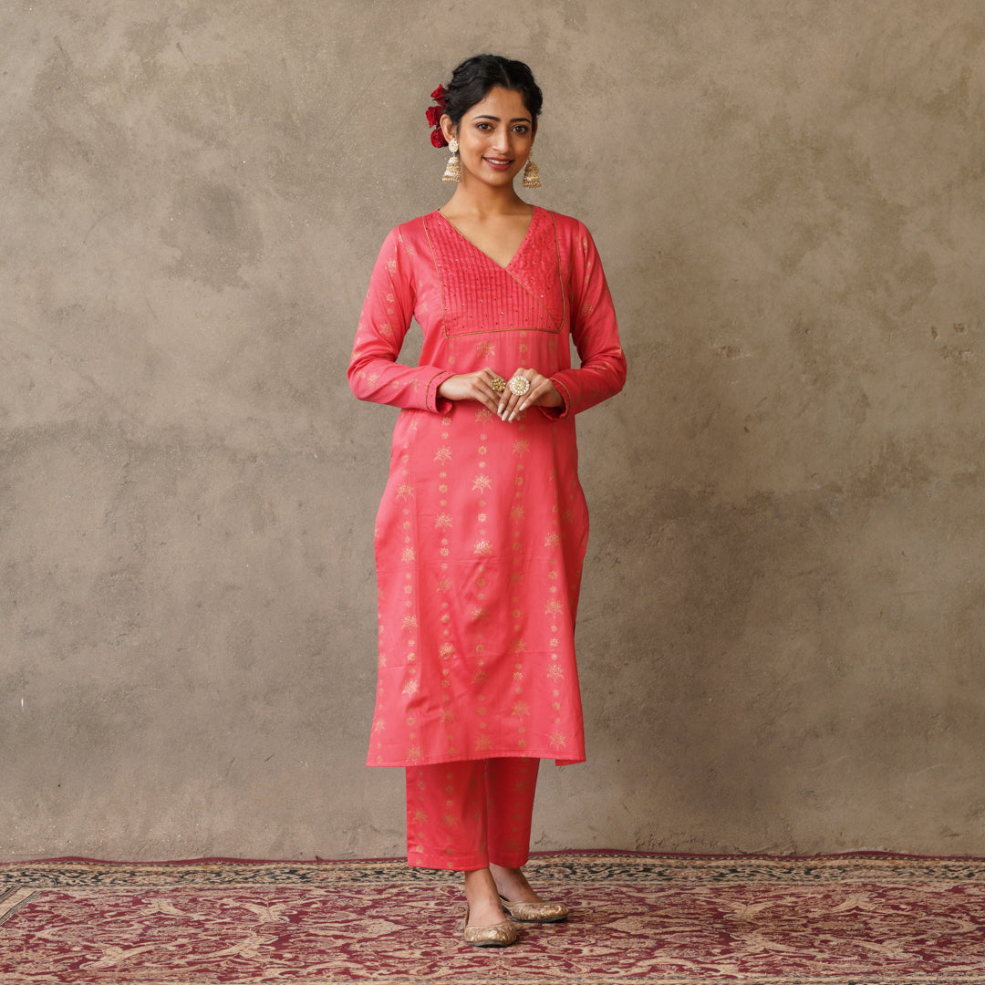 Gold Block Printed Coral Pintuck Details Straight Fit Kurta with Matching Straight Pants (Set of 2)
