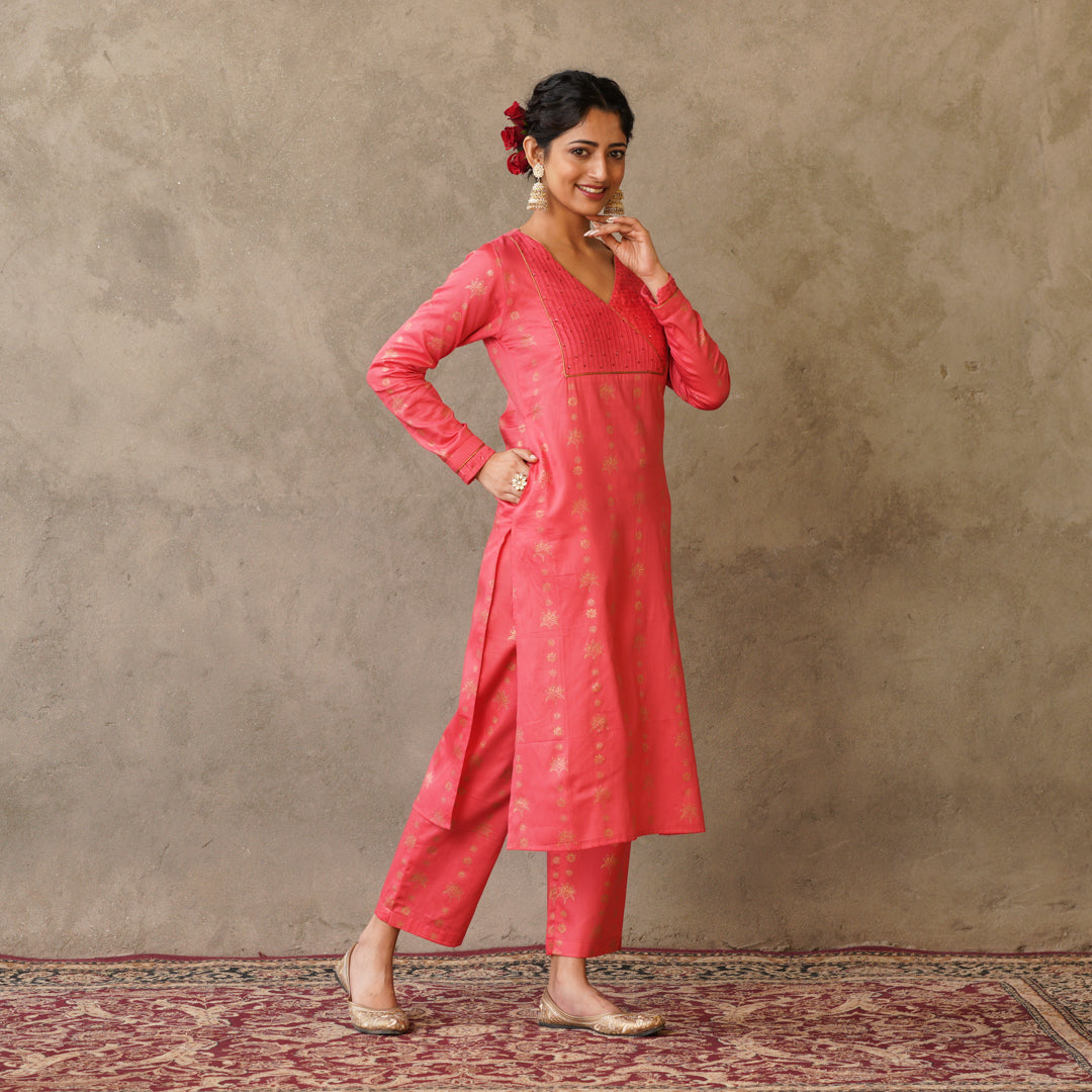 Gold Block Printed Coral Pintuck Details Straight Fit Kurta with Matching Straight Pants (Set of 2)