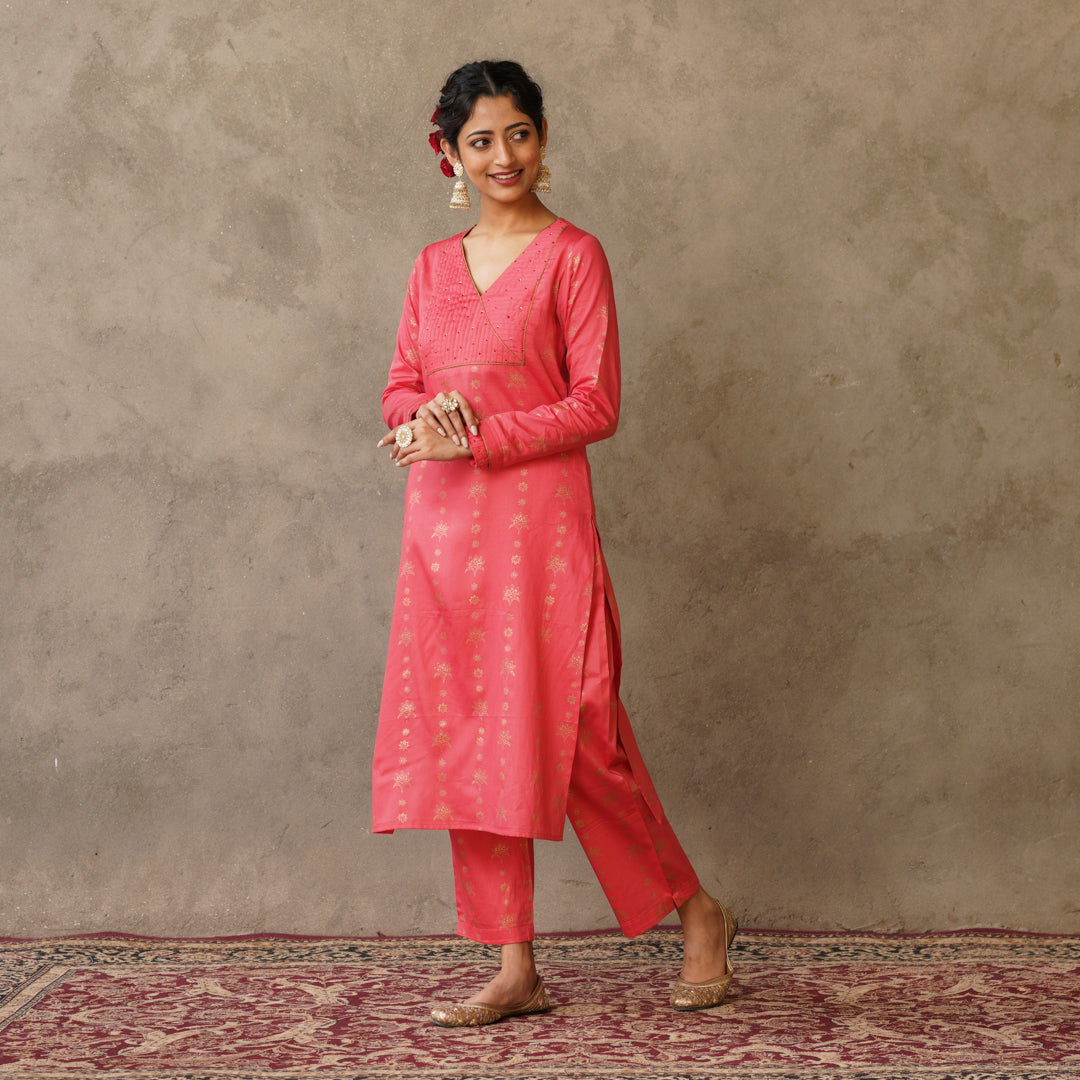 Gold Block Printed Coral Pintuck Details Straight Fit Kurta with Matching Straight Pants (Set of 2)