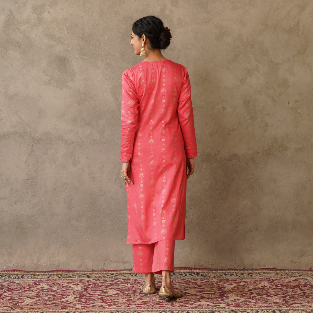 Gold Block Printed Coral Pintuck Details Straight Fit Kurta with Matching Straight Pants (Set of 2)