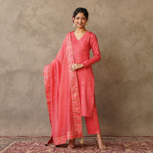 Gold Block Printed Coral Pintuck Details Straight Fit Kurta with Matching Straight Pants and Chanderi Dupatta (Set of 3)
