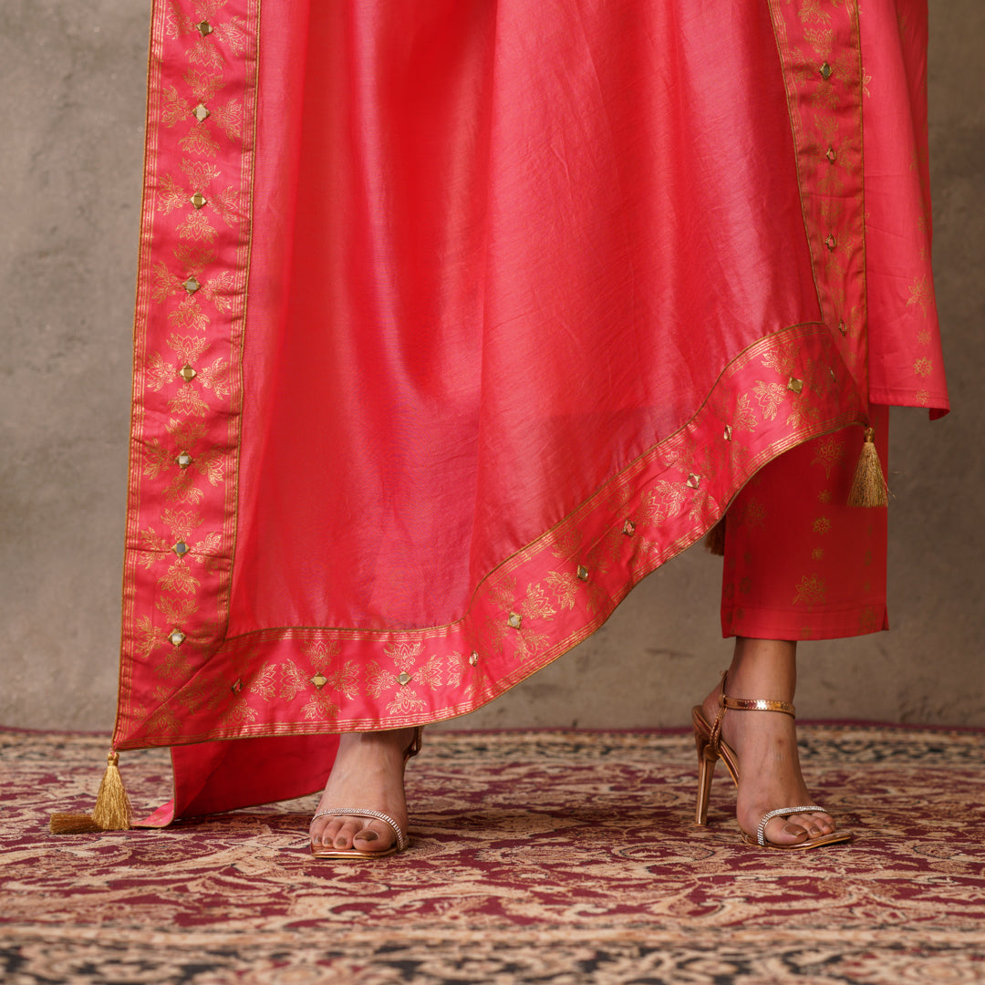 Coral Chanderi Dupatta with Block Printed Border and Embroidery Details