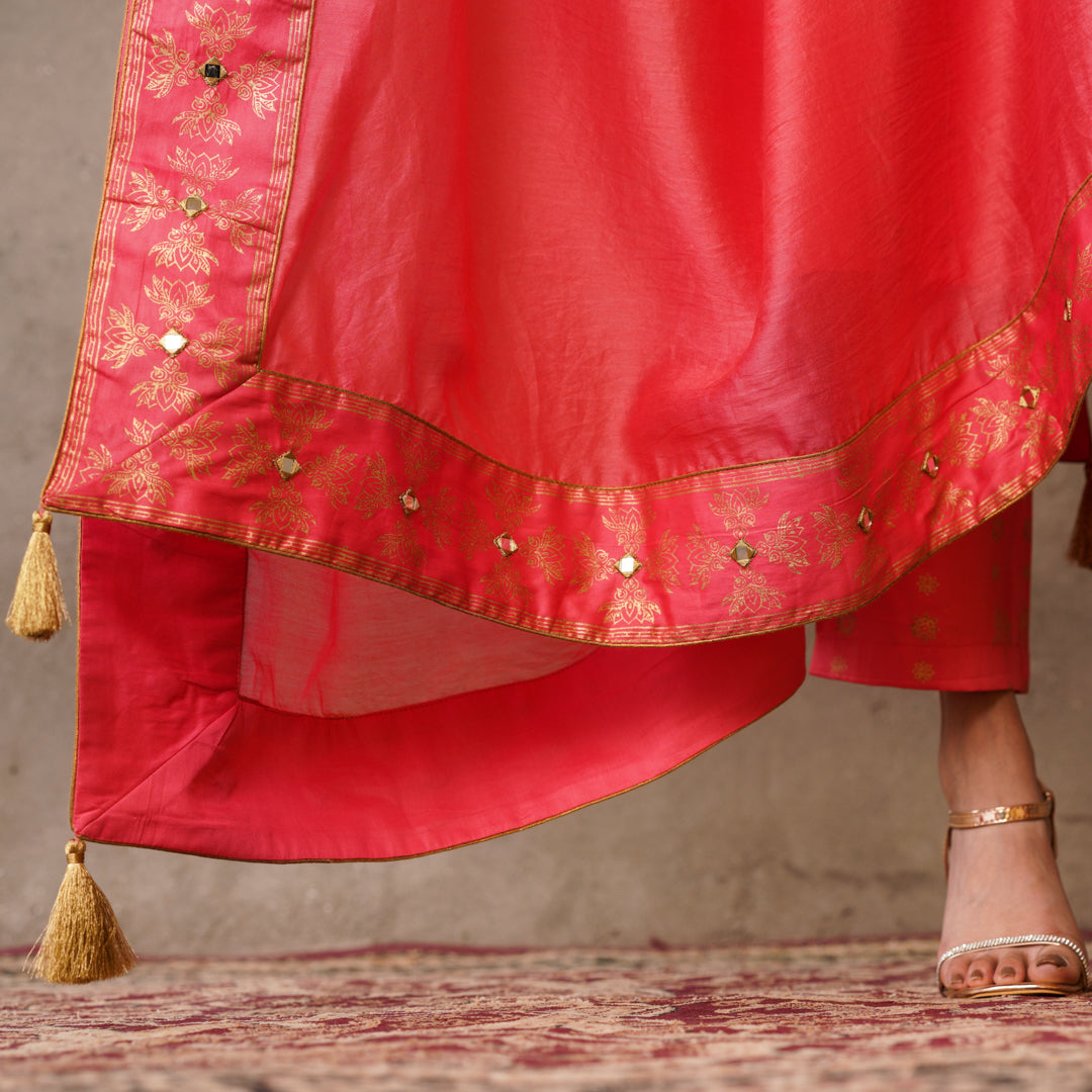 Coral Chanderi Dupatta with Block Printed Border and Embroidery Details