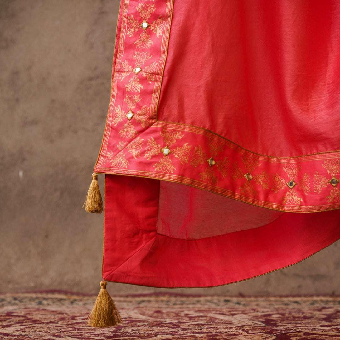 Coral Chanderi Dupatta with Block Printed Border and Embroidery Details