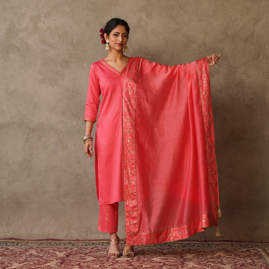 Coral Chanderi Dupatta with Block Printed Border and Embroidery Details