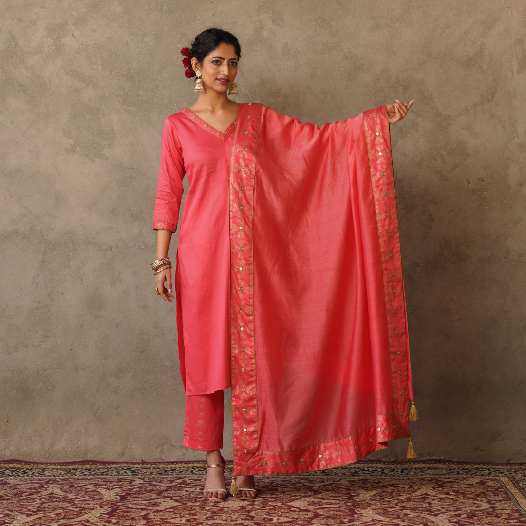 Coral Chanderi Dupatta with Block Printed Border and Embroidery Details