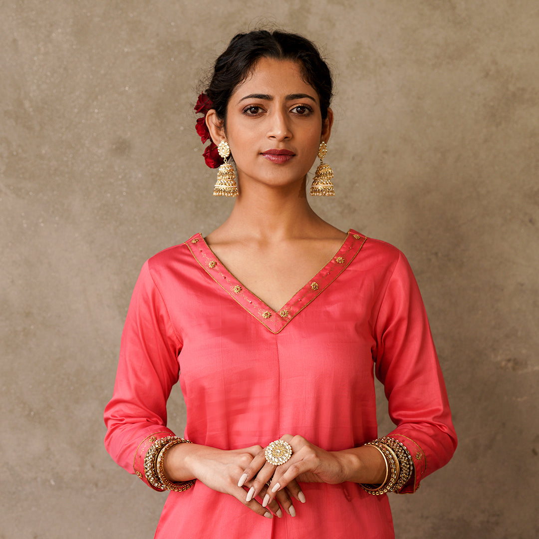 Front Pleat Solid Coral Kurta with Hand Embroidery and Gold Printed Details with Printed Pants and Chanderi Dupatta (Set of 3)